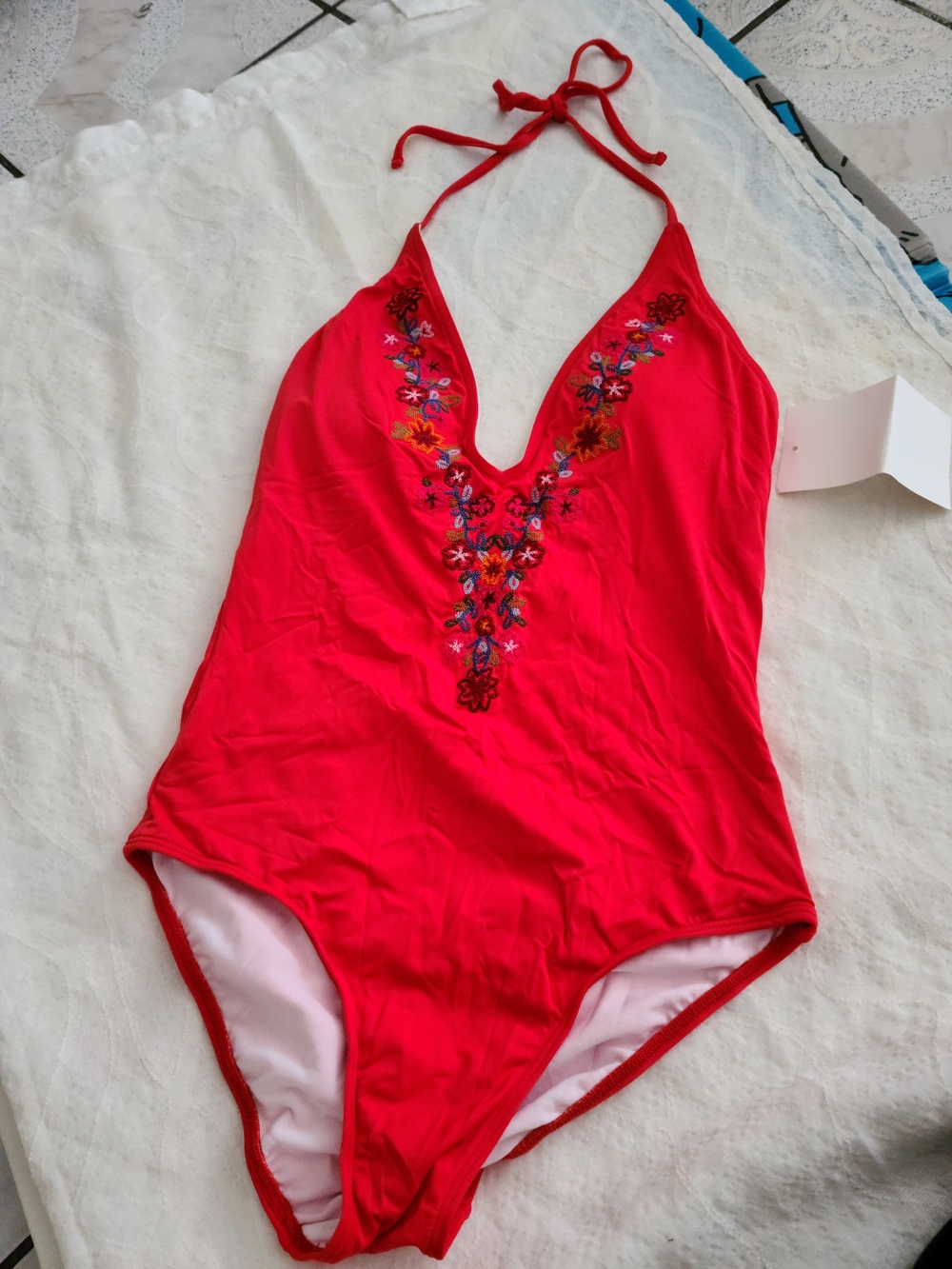 Women’s Red Embroidered V-Neck One-Piece Swimsuit